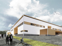Havainnekuva vuonna 2022 valmistuvasta Kortepohjan päiväkotikoulurakennuksesta
