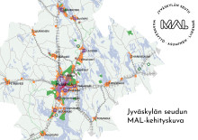 Kartta, jossa eri väreillä merkittyjä alueita sekä MAL-logo