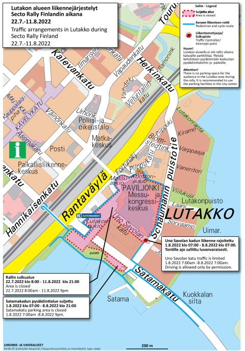 KArtta: Lutakon alueen liikennejärjestelyt rallien aikaan 2022. Kuva Jyväskylän kaupunki / Liikenne- ja viheralueet